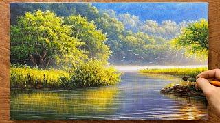 How to paint landscapes of trees and water / Acrylic landscape painting / Art painting