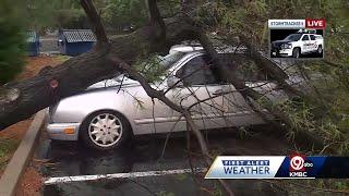 KMBC's First Alert Meteorologist Nick Bender at storm damage in Overland Park.