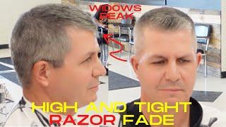 BARBER TUTORIAL: High and tight skin fade for straight hair, widows peak fix and straight razor fade