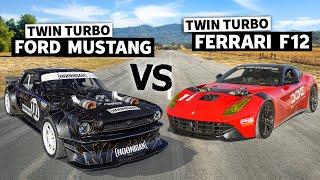 FORD vs FERRARI! DDE's Twin Turbo F12 vs Lia Block's 1400hp AWD Mustang NO PREP Drag Race