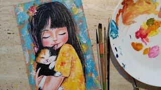 ЛЮБИМАЯ КОШКА /МАСТЕР КЛАСС ЖИВОПИСИ АКРИЛОМ / GIRL WITH CAT#українськийконтент #art #painting