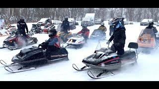 Vintage Sleds Starting and Driving Away Antique Snowmobile Show Ride 2021