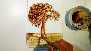 cara menggambar pohon simple pakai kopi, || tips menggambar mudah, || coffee painting,