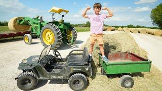 Hudson Drives a Real Tractor to Move Hay | Tractors for kids