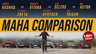 Maruti Vitara vs Creta vs Hyryder vs Seltos vs Kushaq vs Astor vs Taigun - MAHA COMPARISON!