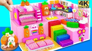 How To Make Pink Bunny House with Bunk Bed, Rainbow Stairs from Polymer Clay ️ DIY Miniature House