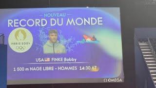 Bobby Finke wins Gold Mens 1500m Freestyle | World Record | 2024 Paris Olympics | La Défense Arena