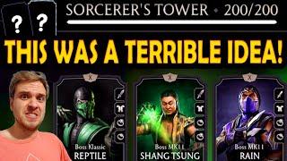 MK Mobile. I Beat Final Battle 200 of Fatal Sorcerer Tower with RANDOM TEAM. It Was HELL!