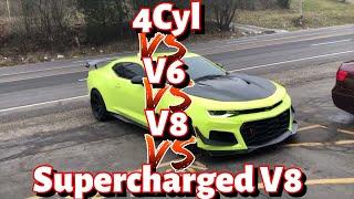 Chevy Camaro  2.0L 4cyl Turbo Vs 3.6L V6 Vs 6.2L V8 Vs 6.2L SUPERCHARGHED V8!