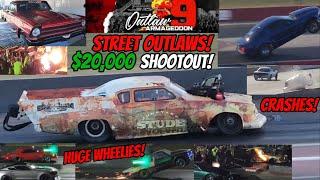 Outlaw Armageddon 9 Car Crashes HUGE Wheelies $20,000 No Prep Racing Street Outlaws Day 3!