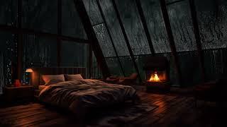 No Ads, Just Heavy Rain Forest on Windows of Cozy Attic Bedroom at Night w/ Fireplace