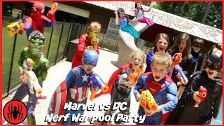 Nerf War Marvel vs DC, Spiderman Batman pool party superhero real life movie SuperHeroKids