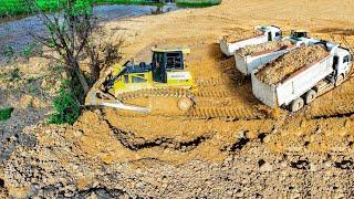 Wonderful Large LANDFILL project By Expert Skill Driver Dozer SHANTUi Pushing SoilRock &  Dump truck