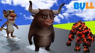 Long Slide Game With Elephant Gorilla Buffalo Hippopotamus Tiger - 3d Animal Game - Funny Animals