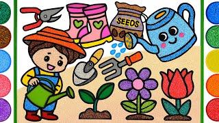 Gardening tools, Jelly Painting & Coloring for Kids | How to Draw Flower Garden with Foam clay