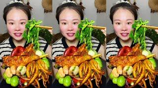 Yummy Spicy Food Mukbang, Eating Braised Chicken Legs With Spicy Seafood And Green Vegetables #asmr