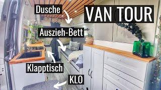 VAN TOUR | Sprinter Camper Ausbau mit Ausziehbett, Außendusche und mega Küche | Roomtour deutsch