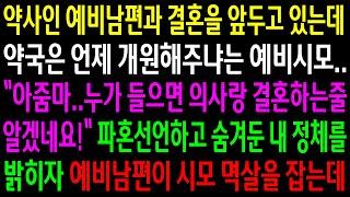 (반전사연)약사인 예비남편과 결혼을 앞두고 있는데 약국은 언제 개원해주냐는 예비시모..파혼선언하고 정체를 밝히자 남편이 시모 멱살을 잡는데[신청사연][사이다썰][사연라디오]