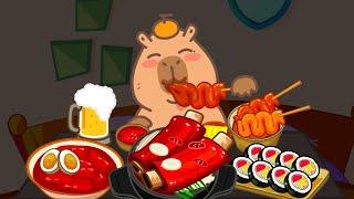 Capybara mukbang animation / ASMR / Galbi, odeng, tokbokki and Kimbap / Mery Chismast / Lazy Capy