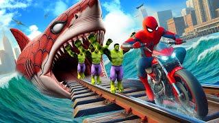 Superheroes on a motorcycle ride over the sea along the Spider-Man Bridge GTA 5