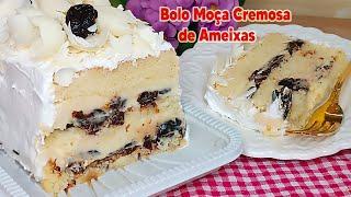 BOLO MOÇA CREMOSA DE AMEIXAS -  Fofo, recheio cremoso e deliciosa cobertura de merengue!