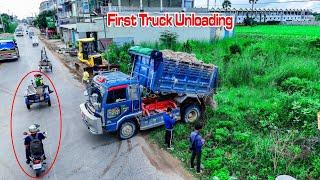 Nicely First Starting New Project Landfill up processing Dump truck unloading soilrock & Dozer D61EX