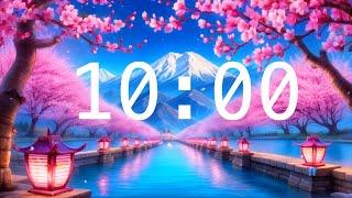 10 Minute Countdown Timer with Alarm | Cherry Blossoms and a River with Lanterns | Relaxing Music