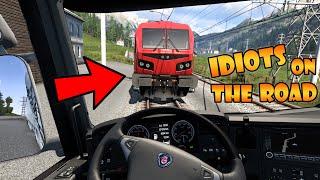 IDIOTS on the road #105 | HIT by TRAIN | Funny moments - ETS2 Multiplayer
