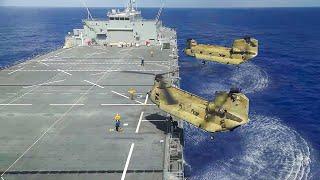 US Pilot Landing Powerful CH-47 on Massive Sea Base in Middle of the Ocean