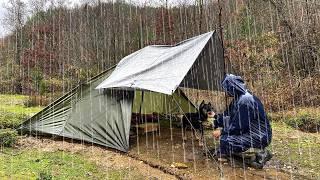 Caught in Heavy Rain and Hail - 5 Days in Forest with Tarp, Tent, and Stone House, Off the Grid