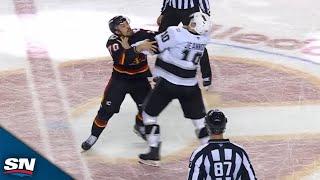 Flames' Ryan Lomberg And Kings' Tanner Jeannot Square Off At Centre Ice