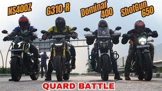 NS400Z vs Dominar 400 vs ShotGun 650 vs BMW G310R Drag Race