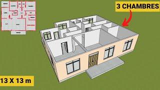 PLAN DE MAISON VILLA DE TROIS CHAMBRES SUR 13 m X 13 m | [HOME DESIGN IDEAS]