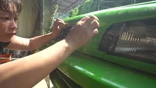 Female mechanic. Repair and replace vintage 1990 DAIHATSU tires for dear customers