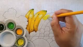 Bananas, maçãs, laranjas e uvas em uma fruteira de vidro Pintura em Tecido Aula 445 Bruno Silva