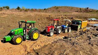 Tata Dump Truck Stuck in Mud pulling out by Tractor John deere 5405, Swaraj 855 Fe, New Holland3630