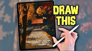 PROCREATE ANIME style DRAWING Tutorial - Fall Bridge Landscape