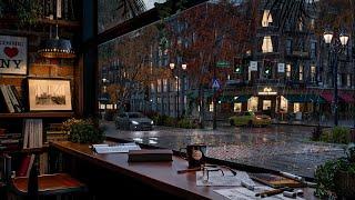 New York Autumn Coffee Shop Ambience ️ / Rain and Distant Thunder Sounds for Study and Relaxation