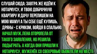 Твою добрачную квартиру и дачу перепишешь на мою маму, дрянь! А ты ещё заработаешь! — заявил муж.