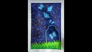 Easy Butterfly night scenery drawing with watercolor/Butterfly painting/Night scenery/Nature #shorts