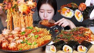 ASMR MUKBANG | 하루종일 잡은 쭈꾸미로 끓인 쭈꾸미폭탄라면  통김밥, 파김치 먹방 Ramyun Made with Small Octopus I Caught All Day