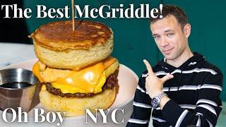 Eating a Fancy take on McDonald’s McGriddle at Oh Boy Brooklyn. NYC