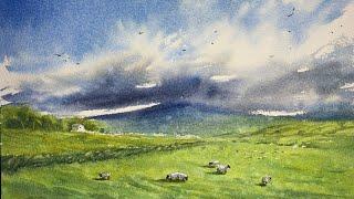 Watercolor painting. Colourful Irish landscape with a beautiful sky!