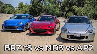 Honda AP2 S2000 vs Mazda ND3 Miata vs Subaru BRZ tS - Head to Head Review!