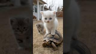 Fearless Kitten Rides a Turtle Like a Pro While Friend Watches in Awe