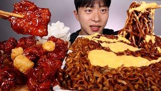 짜장라면 치즈소스...천년 닭강정이랑 같이 먹어보겠습니다!! 먹방 ASMR MUKBANG BLACK BEAN NOODLES SWEET CHICKEN EATING SHOW