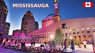 4K Discover CANADA - MISSISSAUGA Downtown Walk Skating Rink at City Hall and City Night Streets