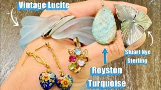 Royston Turquoise?! Stuart Nye Silver and vintage lucite! Goodwill Bluebox Mystery Jewelry Unboxing!