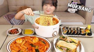 요리 먹방 :) 오늘은 분식세트(열라면, 참치김밥, 떡볶이, 원팬 토스트)