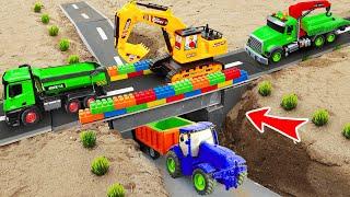 Car JCB - Crane, Excavator, Truck rescue mini Tractor and making lego concrete bridge - Toy for kids